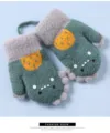 Kids winter warm dinosaur knitted mittens with neck string, thick cozy cold-proof gloves. - 1-3 Years With Strap / Green Dinosaur