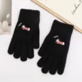 Guanti in maglia nera da donna, caldi guanti invernali in lana con ricamo di cagnolino. - Nero