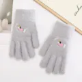 Cute winter warm knitted gloves for women, grey plush five-finger gloves with dog embroidery. - Gray