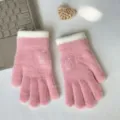 Pink plush knitted winter gloves for women with cute rabbit embroidery and warm touch screen design. - Rouge Pink