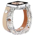 Bracelet de rechange en cuir perlé compatible Apple Watch, multi-brins en métal et perles de pierre. - Cuir Beige
