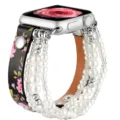Bracelet de remplacement en cuir et perles pour Apple Watch, design floral élégant. - Cuir floral rose