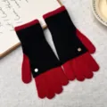 Schwarz-rote, farbblockierte gestrickte fingerlose Handschuhe, warme Damen-Winterhandschuhe. - Einheitsgröße / Schwarz Rot