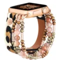 Bracelet Apple Watch en cuir imprimé léopard et perles multi-brins accessoire chic - Cuir léopard marron