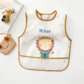 Cute waterproof baby bib toddler art smock with lion print for daily feeding and painting - S (6-12 Months) / Short-Sleeved Yellow Lion Bib