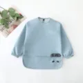 Waterproof long sleeve baby bib infant feeding smock with pocket, soft clean cute design. - S (6-12M) / Blue Bear