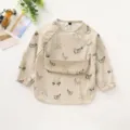 Waterproof baby long sleeve bib, feeding apron with crumb catcher, beige bird print. - Size L (24-36 Months) / PU Bib with Top Pocket - Thrush