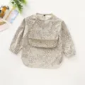 Waterproof long sleeve baby bib with cute grey dot pattern for clean feeding time. - Size L (24-36 Months) / PU Bib with Top Pocket - Spotted Ears