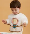 Japanese style toddler waterproof long sleeve baby bib anti-dirty smock for eating and painting. - Size S (6-12 Months) / Long Sleeve Yellow Lion