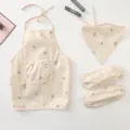 Kids waterproof apron detail showing cute lemon print design and fine stitching quality. - Beige Olive Branch Apron, Oversleeves and Headscarf Set