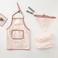 Kids waterproof apron set with cute tulip print, including bib, scarf and oversleeves. - Small Size 6-12 Months / Pink Small Flower Apron, Oversleeves and Headscarf Set