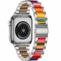 Stainless steel resin watch strap replacement band compatible with smart watches. - Silver + Rainbow