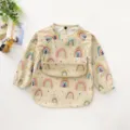 Waterproof long sleeve baby bib with cute rainbow star pattern and crumb catcher pocket for feeding. - Size S for 6-12 Months / PU Bib with Top Pocket - Large Rainbow