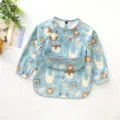 Waterproof baby long sleeve bib cute cartoon animal feeding apron toddler messy self-feeding - Size S for 6-12 Months / PU Bib with Top Pocket - Blue Rabbit
