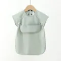 Baby waterproof PU short-sleeve bib, solid light green color, snap button closure, detail view. - S / Light Green