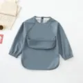Waterproof long sleeve baby bib infant feeding smock with catcher pocket grey blue - Size S for 6-12 Months / Navy Blue