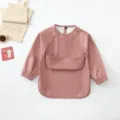 Pink waterproof baby smock long sleeve dining bib for toddlers feeding, cute art apron. - Size S for 6-12 Months / Brick Red