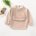 Baby long sleeve waterproof feeding bib in pink polka dot design with pocket. - Size L (24-36 Months) / PU Bib with Top Pocket - Pink Polka Dots