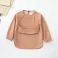 Waterproof baby long sleeve bib, infant eating smock, comfortable and easy to clean everyday wear. - Size S for 6-12 Months / Bronze Red