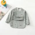 Baby waterproof long sleeve bib with food catcher, soft PU feeding apron for toddler kids. - PU Green Small Car Bib with Upper Pocket / Size L (24-36 Months)