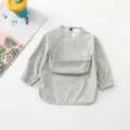Waterproof baby long-sleeve feeding bib with pocket soft PU material for toddler meals daily - PU Grey Polka Dot Bib with Upper Pocket / Size L (24-36 Months)