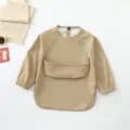 Long sleeve baby waterproof feeding smock bib in khaki, ideal for toddler mealtime and play. - Size S for 6-12 Months / Light Coffee