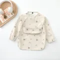 Beige waterproof long sleeve baby feeding bib, soft PU material with cute cotton flower print. - Size L (24-36 Months) / PU Upper Pocket - Small Cotton
