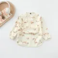 Waterproof long sleeve baby bib infant feeding smock cute deer print toddler eating clothes - Size L (24-36 Months) / PU Upper Pocket - Golden Deer