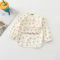 Baby long sleeve waterproof bib, cute cherry print baby feeding smock, cream white color. - PU Red Cherry Bib on White with Upper Pocket / Size M (12-24 Months)