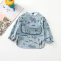 Cute baby long sleeve waterproof bib in light blue with animal print, soft feeding smock for baby. - Size L (24-36 Months) / PU Bib with Top Pocket - Blue Elephant