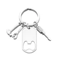 Detailed macro shot of stainless steel tool keychain with bottle opener tag - Bottle Opener Tool Set / Silver