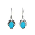 Pendientes colgantes vintage de aleación plateada con piedras turquesas ovales étnicos - Piedra Azul Ovalada de Plata Antigua (K-1240)
