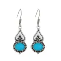 Pendientes colgantes vintage de plata antigua con piedras de turquesa azul ovales - Gancho de Oreja Étnico de Plata Antigua (K-1238)