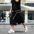 Herren Schwarze Jeans Shorts Strass Destroyed Fuenf-Punkte Hose Streetwear - S / Schwarz