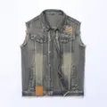 Vintage washed distressed sleeveless denim vest for men casual retro denim jacket waistcoat - M / Retro Color