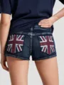 Donkere gewassen denim hotpants voor dames met Britse vlag op de achterzakken casual - S / Blauw