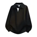 Schwarzes Herren Sweatshirt mit falschem Zweiteiler-Revers, lockerer Polopullover für Frühling. - L / Schwarz