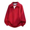 Rotes Herren Sweatshirt mit Polokragen, falscher Zweiteiler, lässiger Streetwear Pullover. - L / Rot
