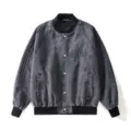 Giacca bomber in denim grigio slavato da uomo, cappotto da baseball streetwear ampio e casual. - Taglia M / Nero