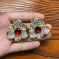 Vintage Cristal Fleur Broche Ensemble Or Strass Pierre Rouge Bijou Cadeau Élégant - Boucles d'oreilles clous / 32.5x35mm / Rouge