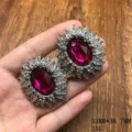 Broche girasol estrás vintage cristal rosa oval piedra preciosa joyería de moda. - Pendientes de botón con estrás rosa púrpura