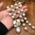 French long mother-of-pearl camellia flower pearl necklace, elegant luxury jewelry detail. - FM955 Necklaces