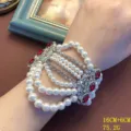 Vintage elegante pulsera multicapa de perlas y estrás con piedras rojas joyería mujer - Pulsera de circonita roja