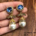 Pendientes colgantes vintage perla azul borla circón oro elegantes aretes mujer. - Pendientes de botón / Azul