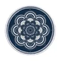 Round mandala beach towel with white fringes, retro navy blue microfiber tapestry. - 150x150cm / Style 9