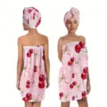 Set asciugamano da bagno indossabile con fiocco di ciliegia e cuffia per asciugare i capelli. - Set 2 Pezzi Gonna da Bagno / Ciliegia rossa
