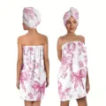 Set asciugamano da bagno con fiocco e cuffia, abito da doccia assorbente con stampa floreale rosa. - Set 2 Pezzi Gonna da Bagno / Fiocco di Rosa