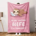 Pink flannel blanket featuring cute sleeping sloth graphic and funny quote, cozy home gift. - Style 13
