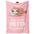 Pink flannel fleece throw blanket with cute sleeping sloth print, cozy gift for sister. - Style 14