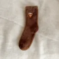 Pluche warme winter sokken voor dames, gezellige bruine fleece thermische sokken met koe. - Eén maat / Donker Koffie